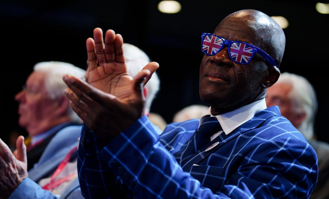 A man at the Conservative Party's conference in Manchester, Britain, Oct. 2, 2023.