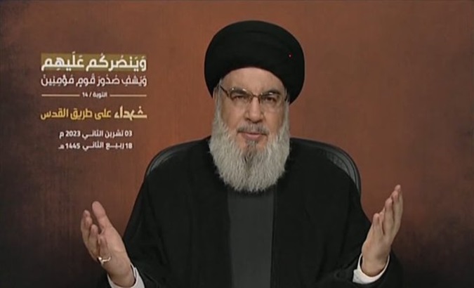 Hezbollah leader Hassan Nasrallah delivers public speech. Nov. 3, 2023.