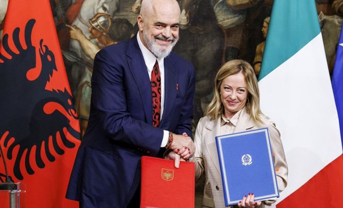 Albania's PM Edi Rama (L) and  Italy's PM Giorgia Meloni (R), Nov. 7, 2023.