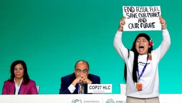 Climate activist Licypriya Kangujam protesting at the plenary session of the COP28, Dec. 11, 2023.