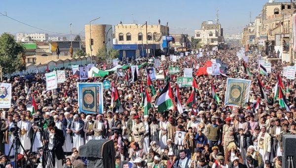 Yemenis protest in the streets after US bombings, Jan. 12, 2024.