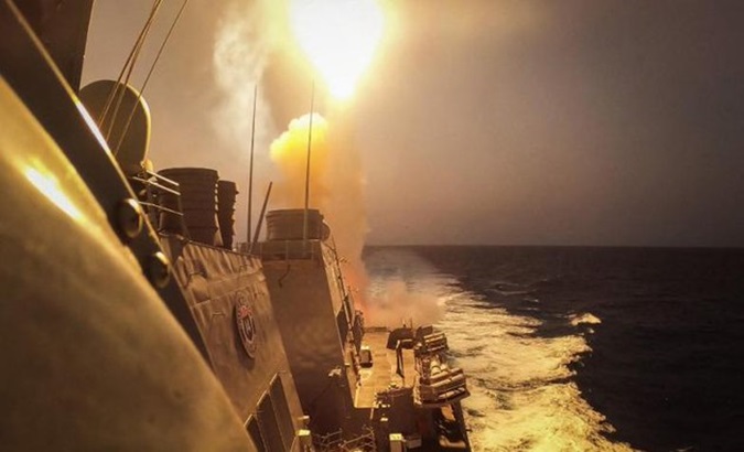 Launching a missile from a ship.