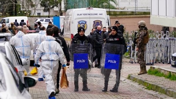 Police outside a Catholic church in Istanbul, Jan. 29, 2024.