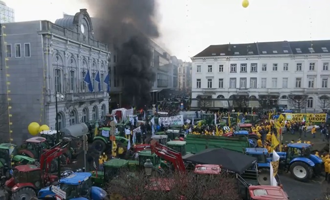 Farmers surround the European Parliament with tractors, Brussels, Belgium, Feb. 1, 2024.