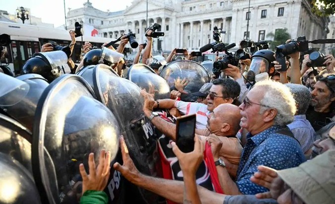 Argentines protesting against President Milei's bill, Feb. 2024.