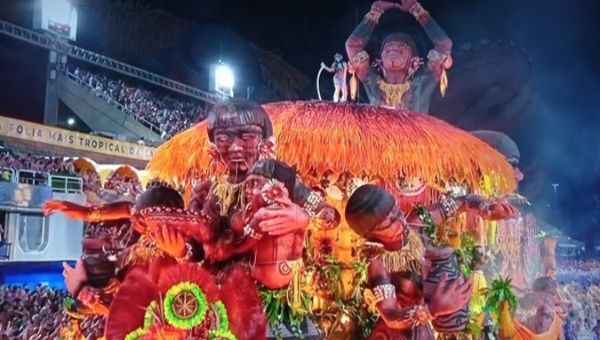 Float about the Yanomami people at the Rio de Janeiro carnival, Feb, 11, 2024.