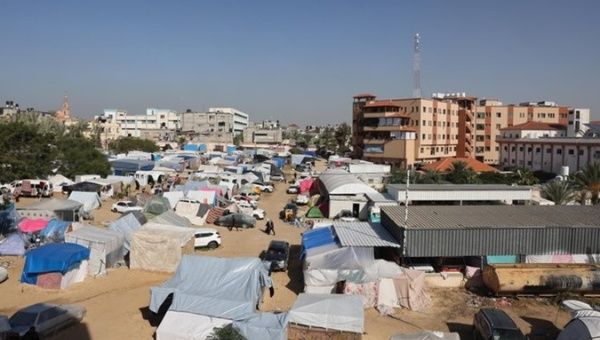 Displaced Palestinians camp around Nasser Hospital, Feb. 14, 2024.