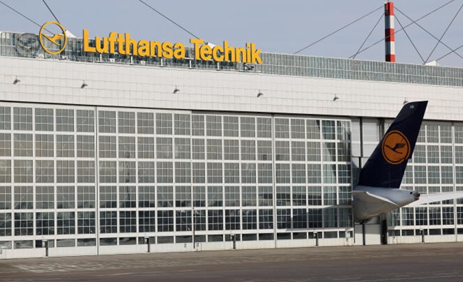 Lufthansa hangars at a German airport, 2024.