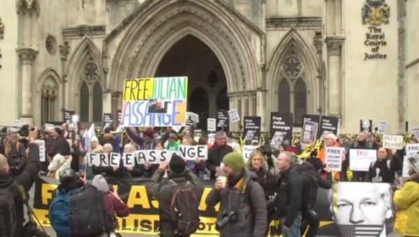 Rally outside the High Court in London, U.K, Feb. 20, 2024.