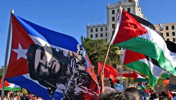 Cubans wave Palestinian flags in Havana, 2024.