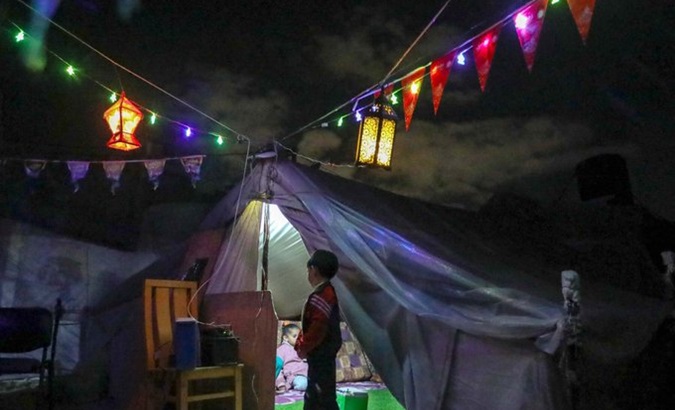 Ramadan decorations in a makeshift tent in Gaza, March 2024.