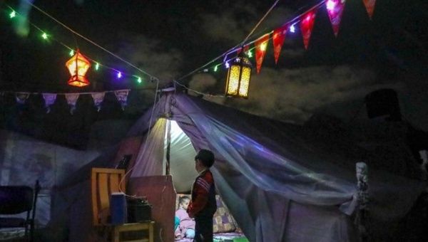 Ramadan decorations in a makeshift tent in Gaza, March 2024.