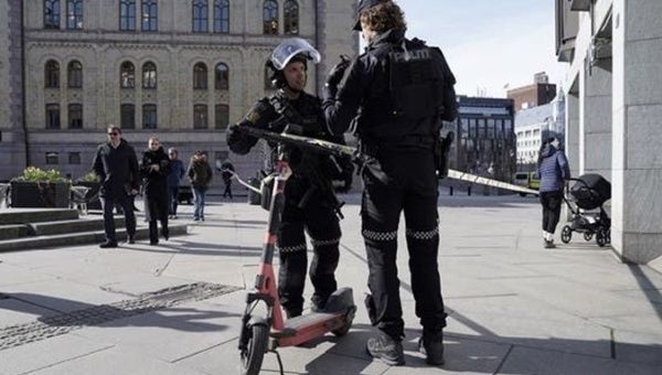 Police outside the Norwegian parliament, April 3, 2024.
