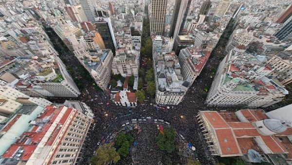 Millions of people fill Mayo Square and surrounding streets, Buenos Aires, April 23, 2024.