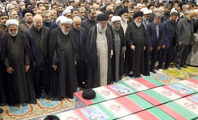 Ayatollah Khamenei (C) at the funeral services of President Raisi & his companions, May 22, 2024.