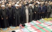 Ayatollah Khamenei (C) at the funeral services of President Raisi & his companions, May 22, 2024.