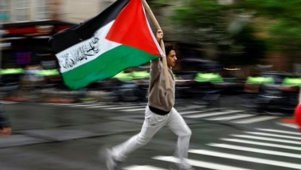 A man waving a Palestinian flag, 2024.
