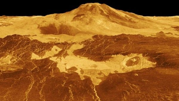 A computer-generated image of the volcano Maat Mons.