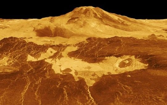 A computer-generated image of the volcano Maat Mons.