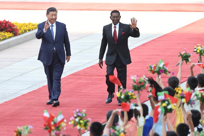 Chinese President Xi Jimping accompained by counterpart from Equatorial Guinea, Teodoro Obiang, May 2024