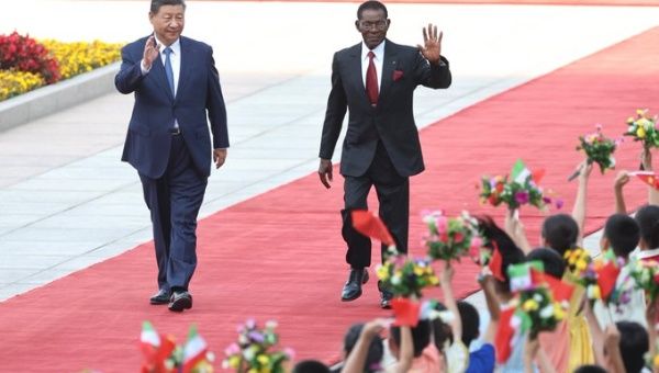 Chinese President Xi Jimping accompained by counterpart from Equatorial Guinea, Teodoro Obiang, May 2024