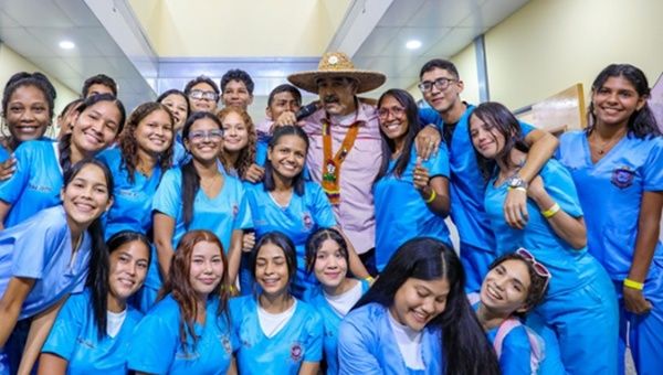 Venezuela President Nicolas Maduro surrounded by health sciences students, May 28, 2024.