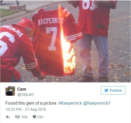 People are burning their Kaepernick jerseys in protest of his protest